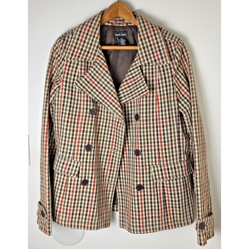 Wet Seal VTG Y2K Plaid Peacoat Sz M Double-Breasted 100% Cotton, Poly Lined